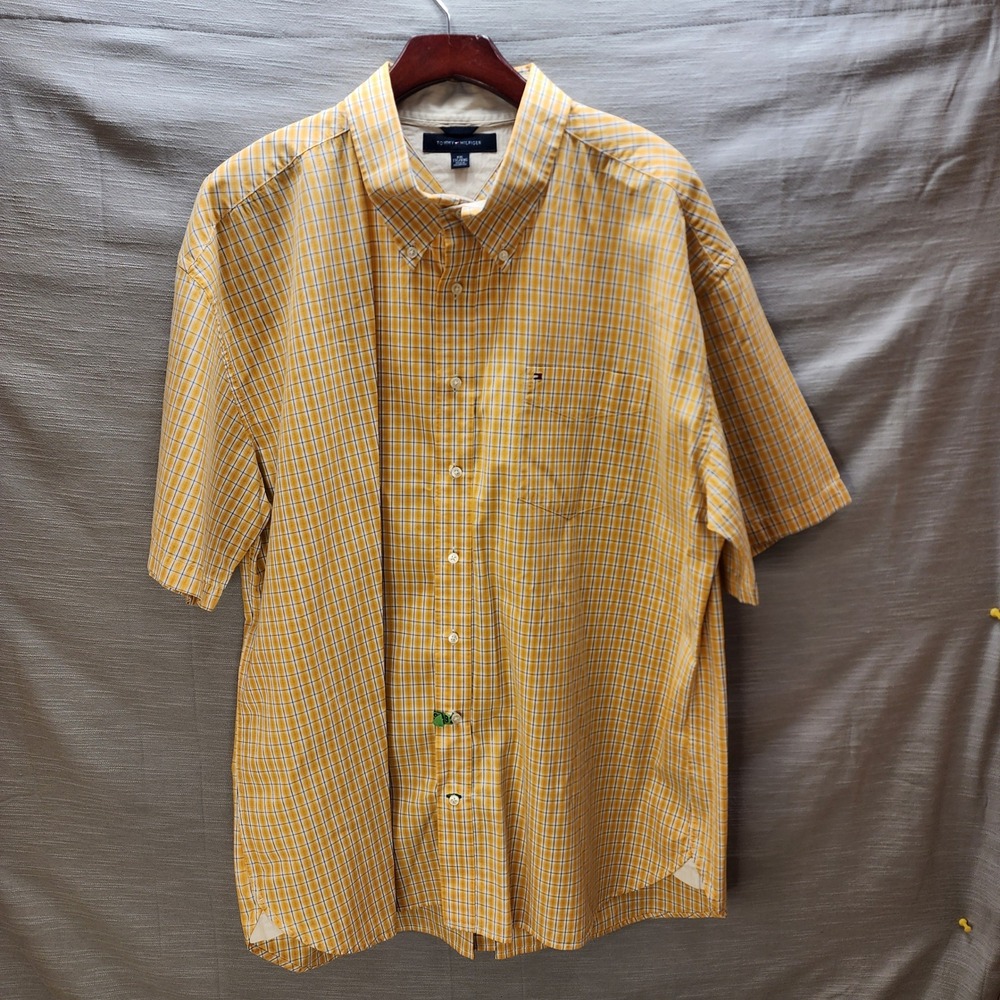 Tommy Hilfiger Mens XXL Yellow Plaid Short Sleeve Button Down Shirt Cotton
